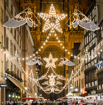 The medieval heart of Strasbourg with the impressive cathedral during the December and the Christmas market time.